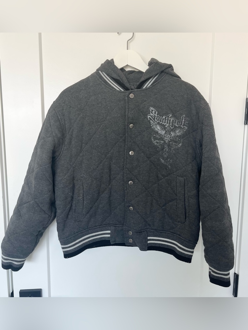 Southpole Grey Quilted Varsity Bomber Jacket Hooded Boys Large 14-16